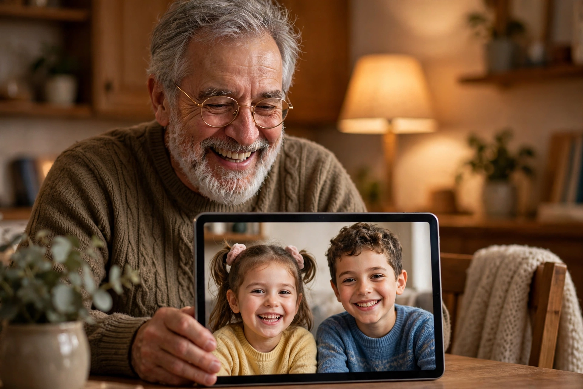 Senior video calling grandchildren on a free tablet