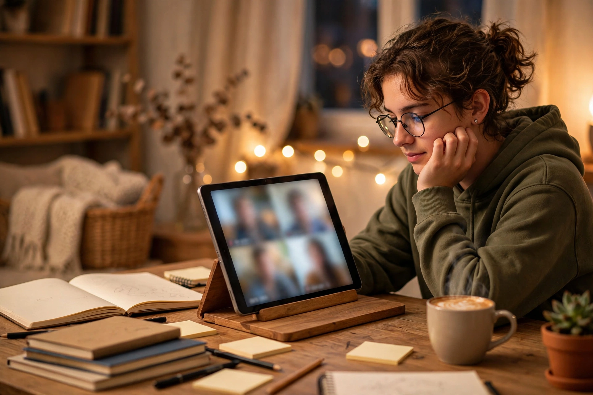 Student attending online class on a free tablet
