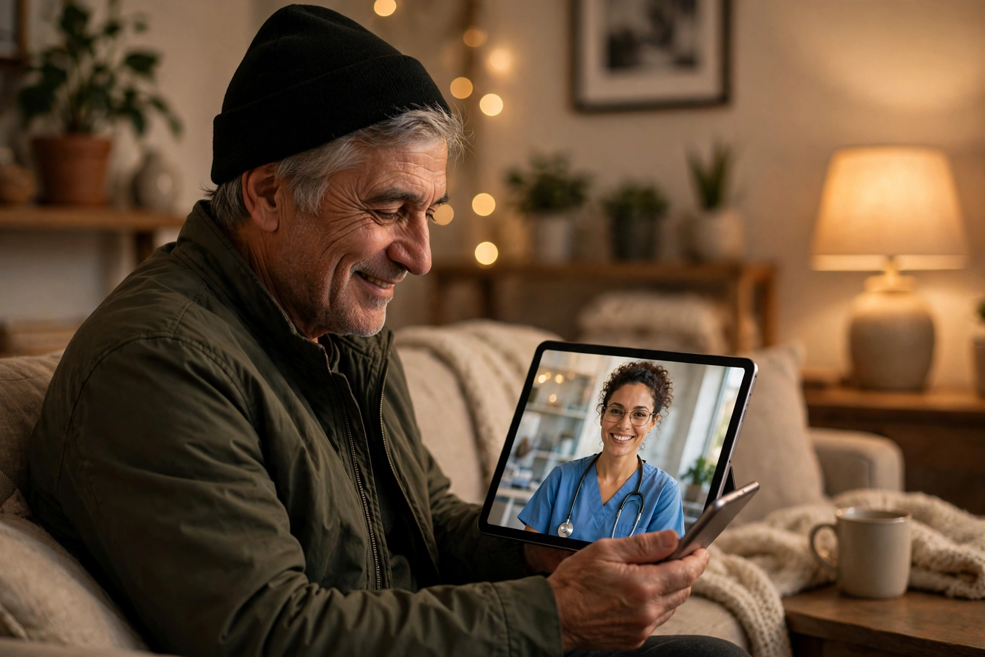 Veteran using VA telehealth on a free tablet